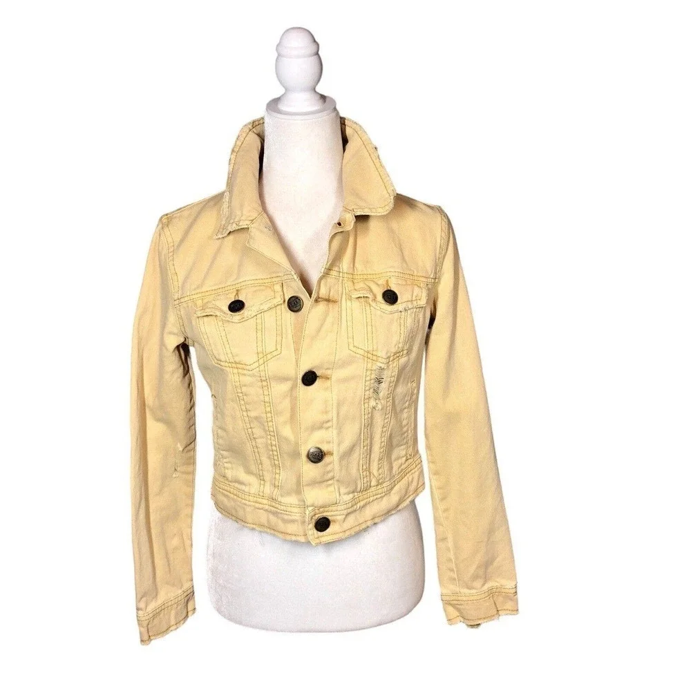 Free‎ People Jacket Womens 4 Pastel Yellow Button Collar Pockets Rumors Denim